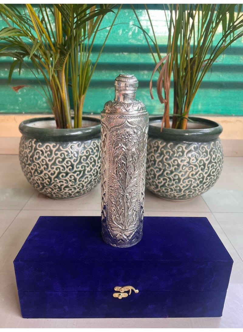 Eid / RGerman silver metal bottle, handcrafted decorative flask or bottle, placed in a royal blue velvet box. - Image 1